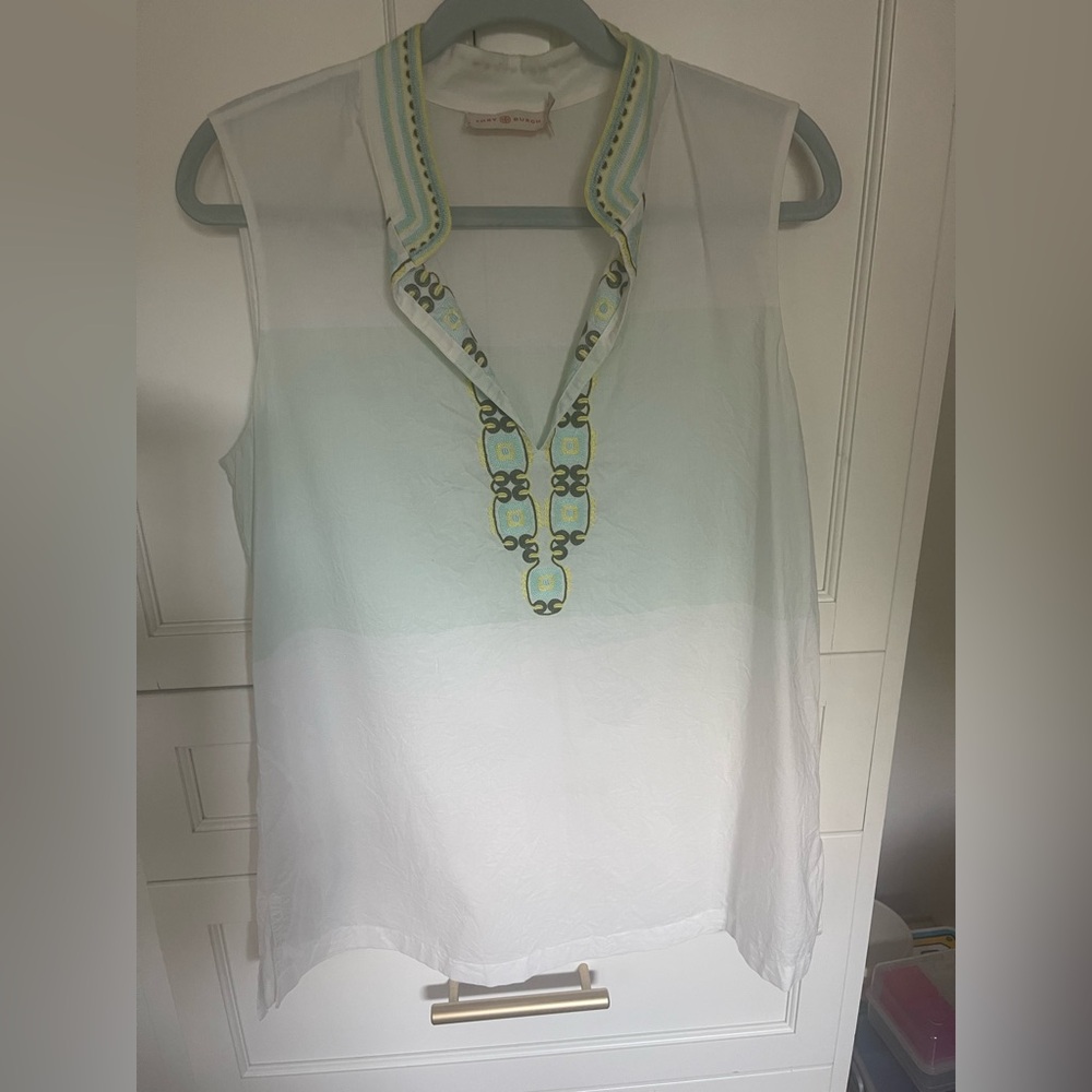 Tory Burch White Top with Blue and Yellow Accents